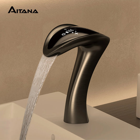 Luxury intelligent brass bathroom faucet with simple design LED digital display Touch control Cold & Hot dual control basin Tap