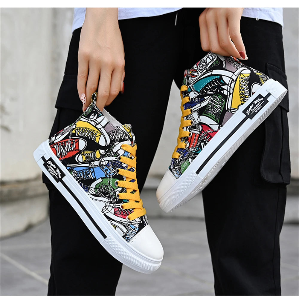 Couple Colorful Canvas Shoes Men High-top Lace Up Flats Graffiti Vamp Female Spring Summer Casual Sneakers Size 35-44 Chaussure