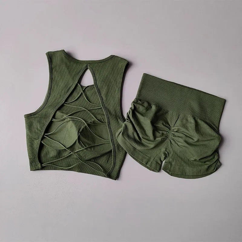 Backless Vest Yoga Exercise Fitness Suit Lifting Shorts Set