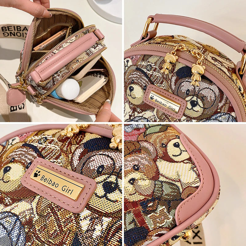 round Handbag Trend Crossbody Bag For Girl Women's Shoulder Bag Circular 2023 Fashion Bear Jacquard Pattern Lady Messenger Bag