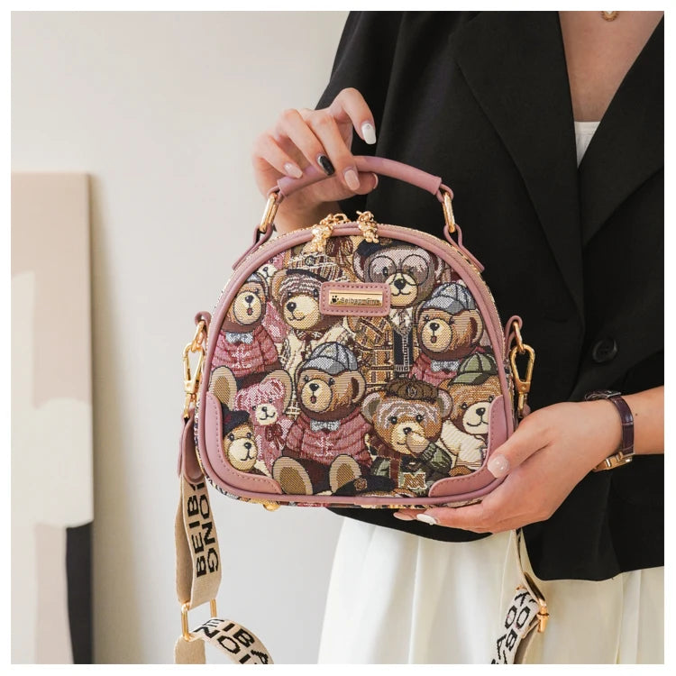 round Handbag Trend Crossbody Bag For Girl Women's Shoulder Bag Circular 2023 Fashion Bear Jacquard Pattern Lady Messenger Bag