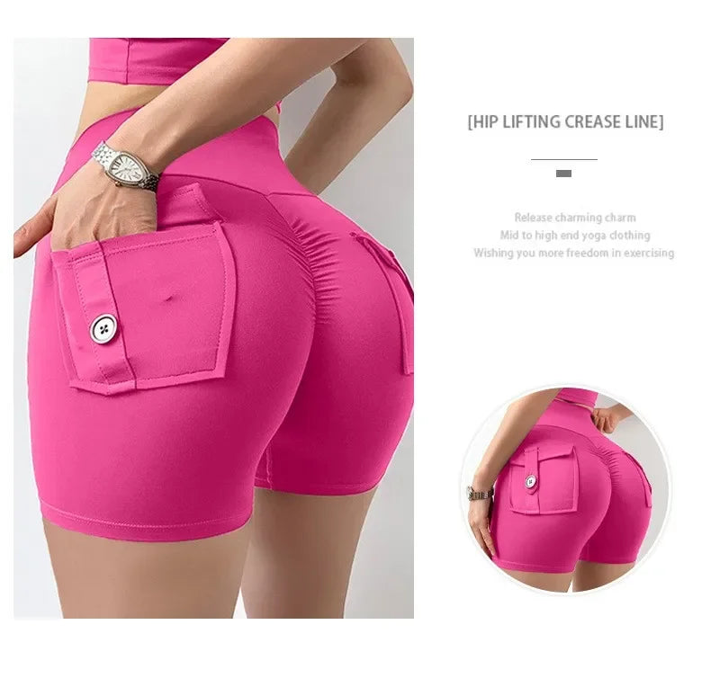 Yoga Shorts for Women Pocket Scrunched Butt Gym Leggings High Waist Push Up Tights Sexy Sports Shorts Fitness Running Shorts
