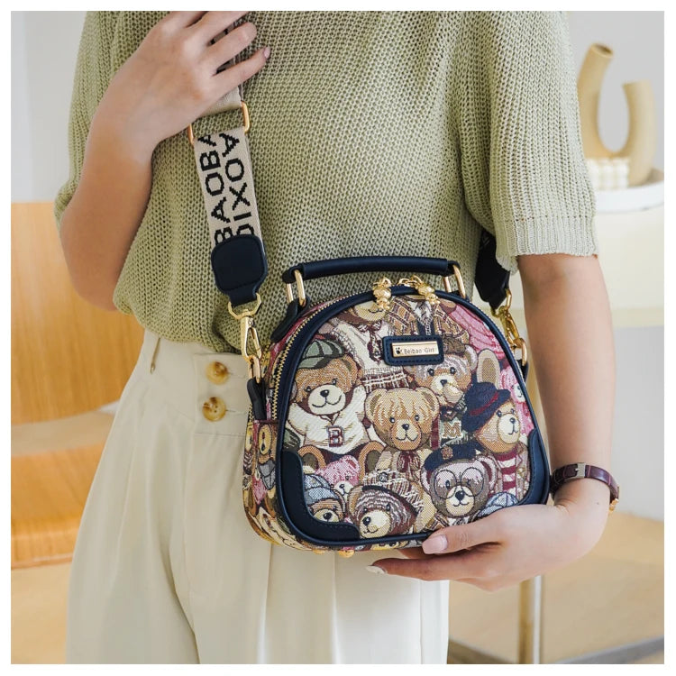 round Handbag Trend Crossbody Bag For Girl Women's Shoulder Bag Circular 2023 Fashion Bear Jacquard Pattern Lady Messenger Bag