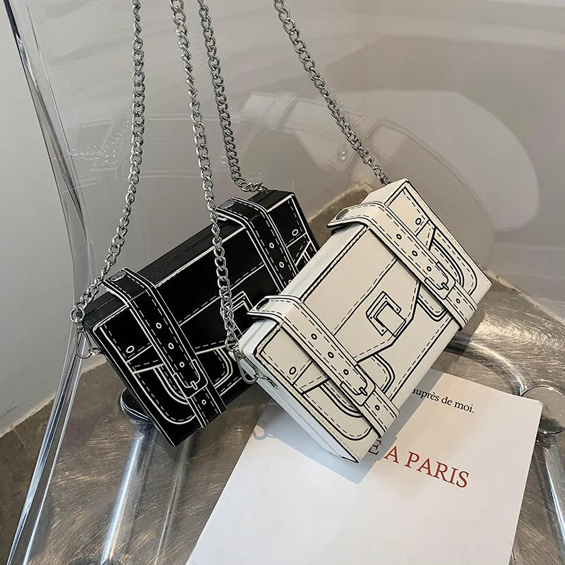 Black and White Box Design Women Casual Purses and Handbags Fashion Clutch Bag Shoulder Chain Bag 2023 Crossbody Bag Pu Leather