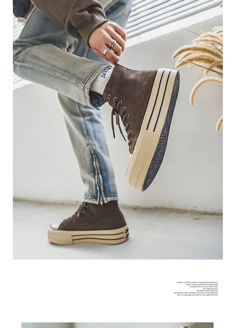 Vintage Brown Couples Casual Sneakers Comfort Suede Thick Sole Men's Shoes Trend Lace-up High Top Shoes Mens Vulcanized Sneakers