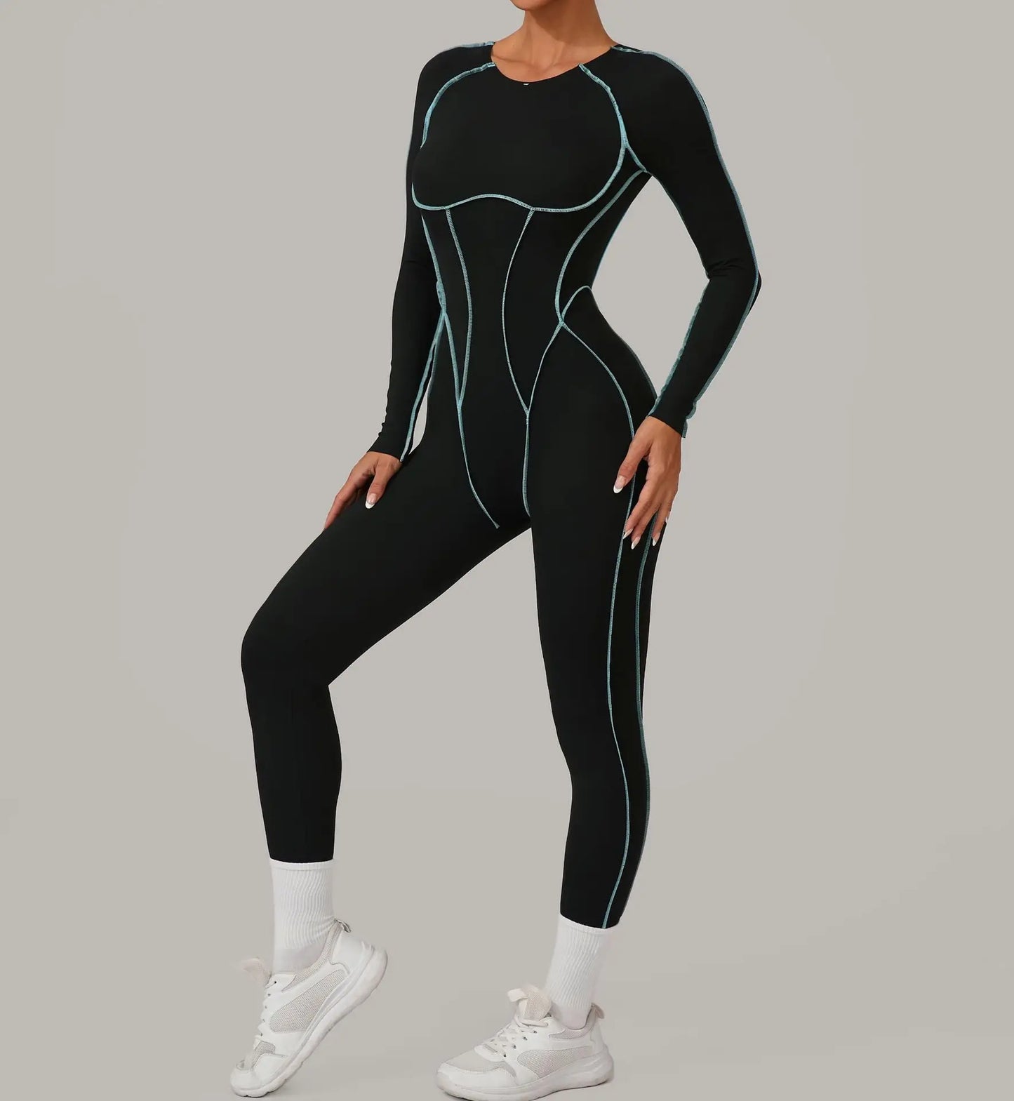 Yoga Suit Sport Fitness Seamless Line Contrast Color Skinny Pants One Piece