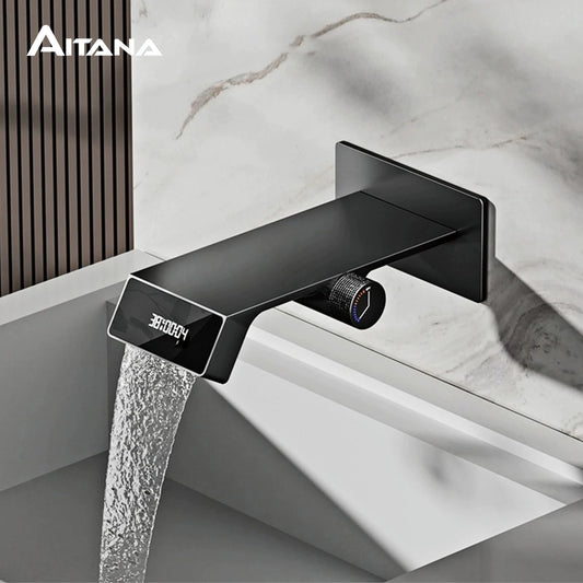 High end bathroom faucet intelligent digital display white brass wall entry design cold and hot dual control basin faucet