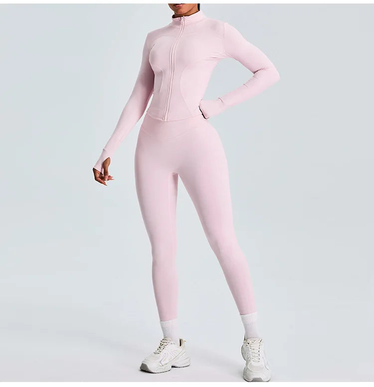 2PCS Yoga Set Workout Clothes Long Sleeve Jacket Gym Crop Top High Waist Leggings