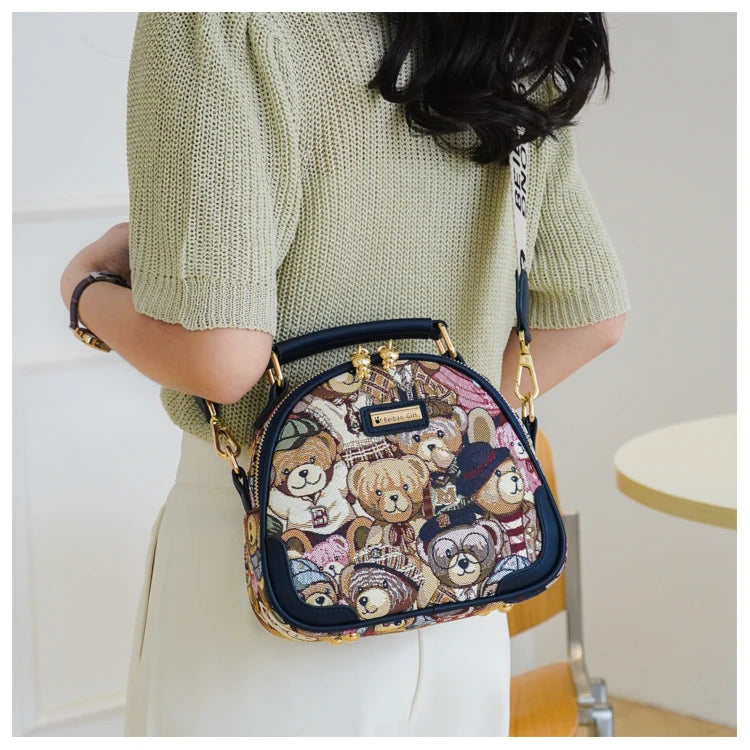 round Handbag Trend Crossbody Bag For Girl Women's Shoulder Bag Circular 2023 Fashion Bear Jacquard Pattern Lady Messenger Bag