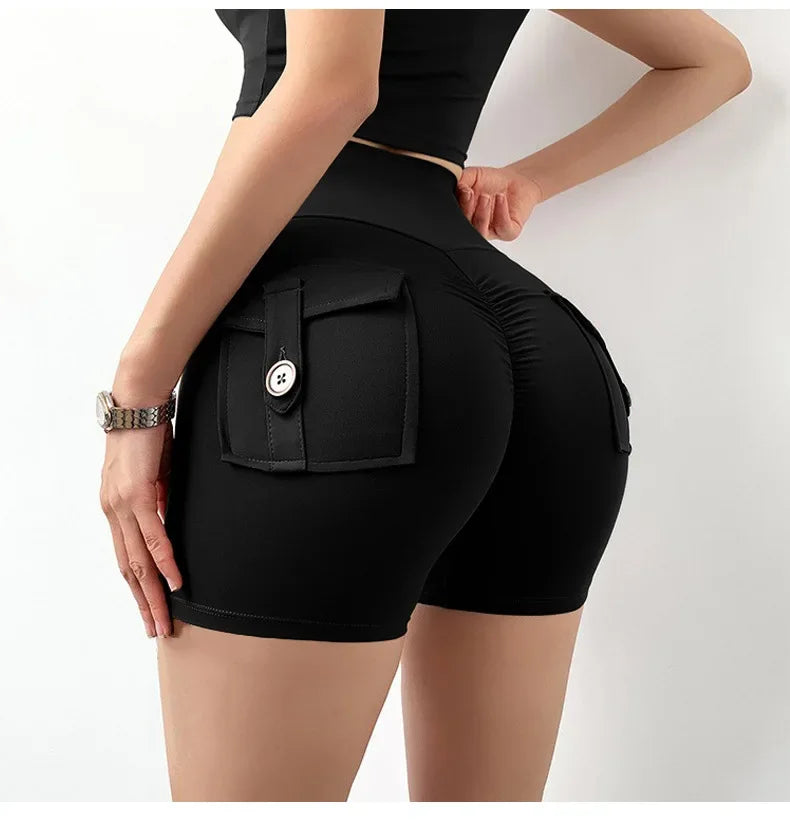 Yoga Shorts for Women Pocket Scrunched Butt Gym Leggings High Waist Push Up Tights Sexy Sports Shorts Fitness Running Shorts