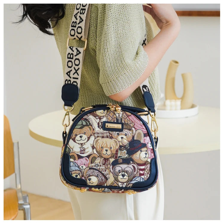 round Handbag Trend Crossbody Bag For Girl Women's Shoulder Bag Circular 2023 Fashion Bear Jacquard Pattern Lady Messenger Bag