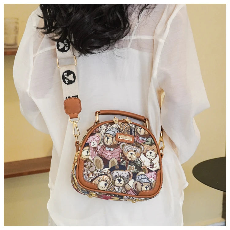 round Handbag Trend Crossbody Bag For Girl Women's Shoulder Bag Circular 2023 Fashion Bear Jacquard Pattern Lady Messenger Bag