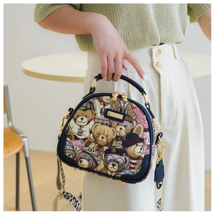 round Handbag Trend Crossbody Bag For Girl Women's Shoulder Bag Circular 2023 Fashion Bear Jacquard Pattern Lady Messenger Bag