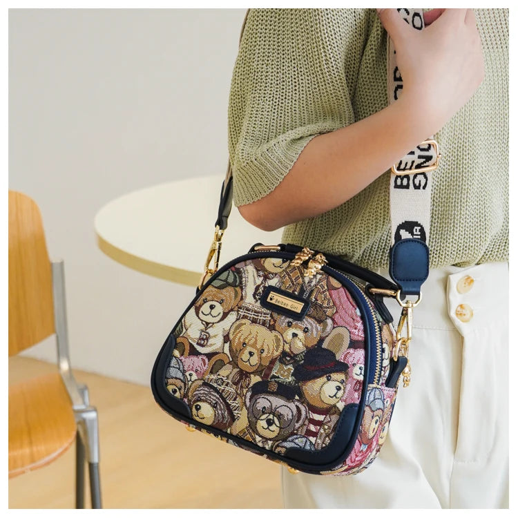 round Handbag Trend Crossbody Bag For Girl Women's Shoulder Bag Circular 2023 Fashion Bear Jacquard Pattern Lady Messenger Bag