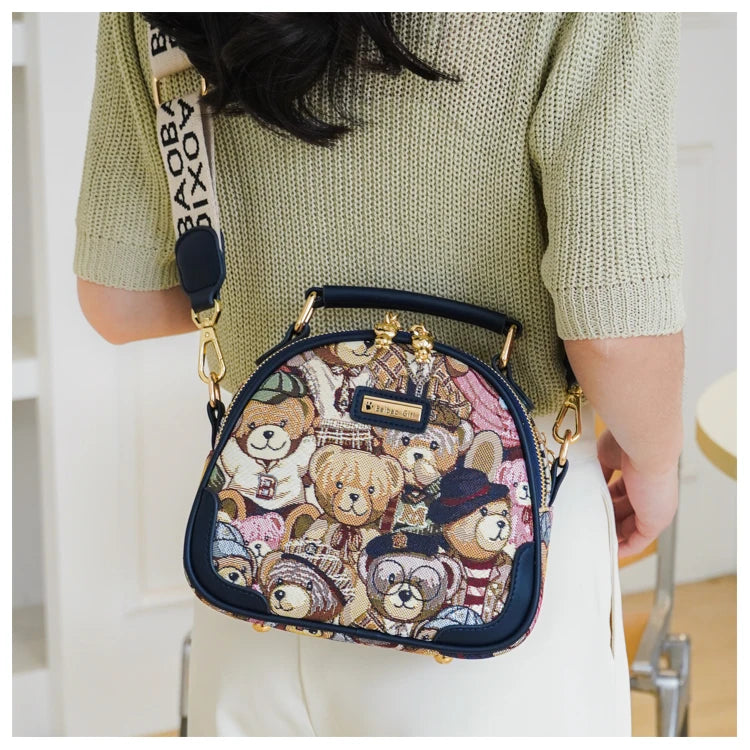 round Handbag Trend Crossbody Bag For Girl Women's Shoulder Bag Circular 2023 Fashion Bear Jacquard Pattern Lady Messenger Bag