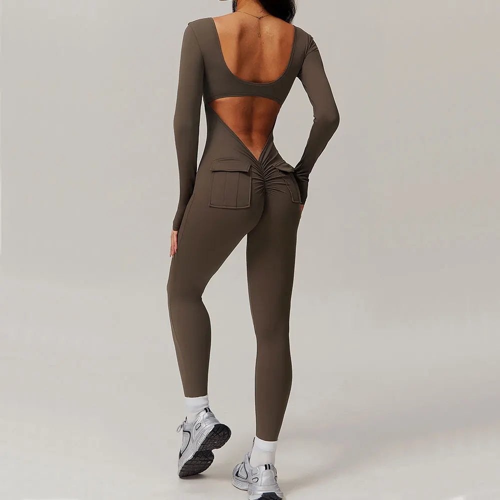 Backless Yoga Boilersuit Long Sleeved Women Sportswear Gym Jumpsuits