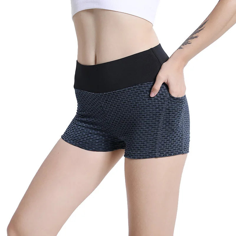 Women elasticity gym shorts with pockets hip lifting running yoga leggings short high waist Breathable quick dry sports shorts