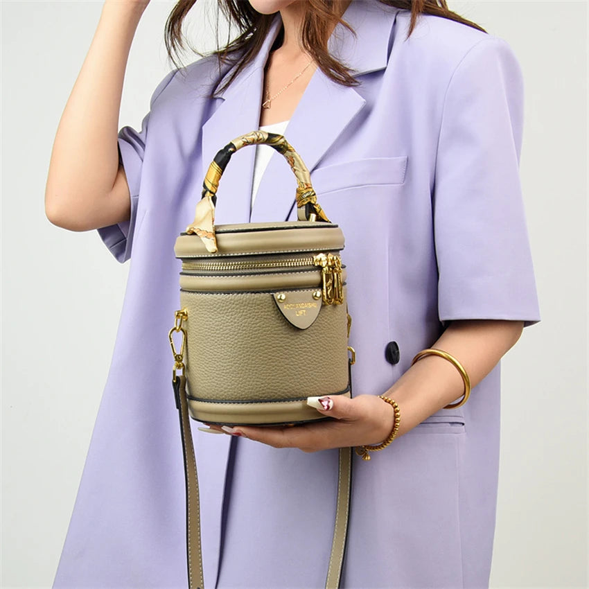 Cylindrical Shoulder Bags Female Fashion Bucket Bag Ladies Small Handbag Designer Genuine Leather Crossbody Bags for Women Sac