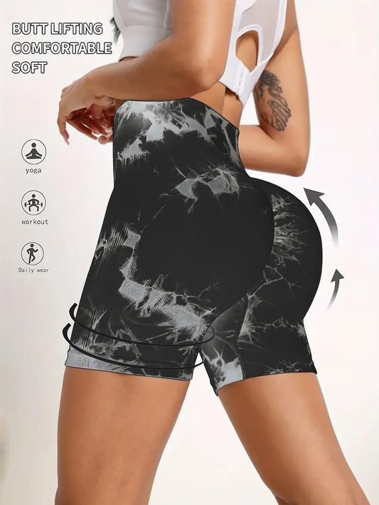 Seamless Tie Dye Yoga Shorts for Women High Waist Quick Dry Fitness Workout Running Shorts Lifting Hip Yoga Sports Tight Shorts
