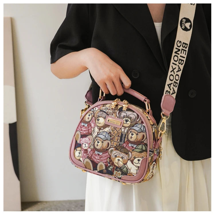 round Handbag Trend Crossbody Bag For Girl Women's Shoulder Bag Circular 2023 Fashion Bear Jacquard Pattern Lady Messenger Bag