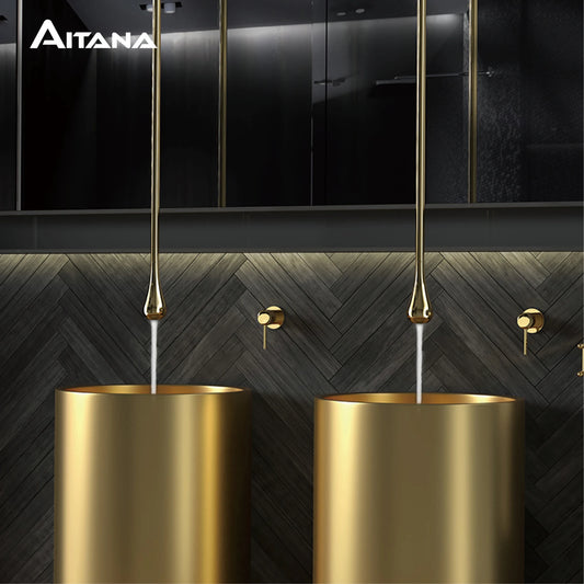 Luxury brushed gold brass bathroom faucet ceiling design with dual control of Hot & Cold sink faucet Simple and customizable Tap