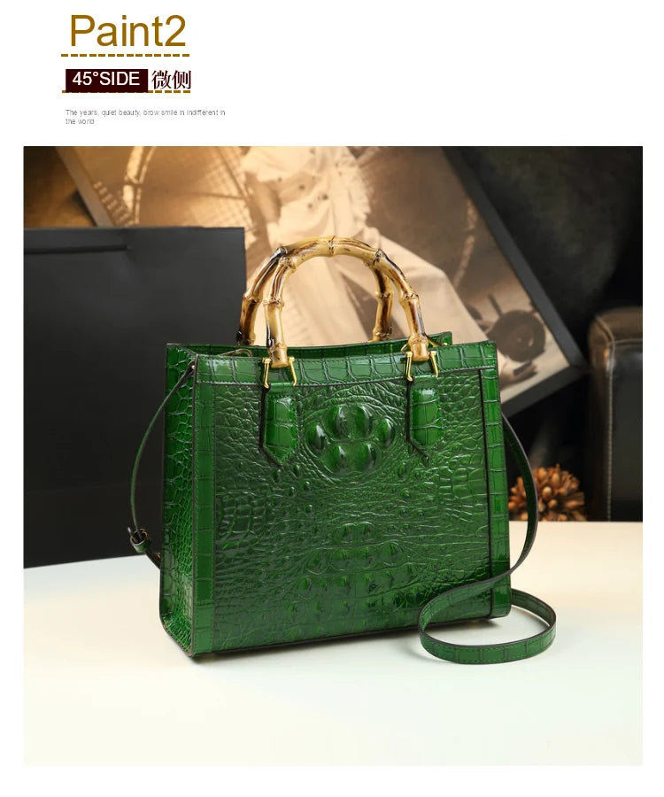 Brand Genuine Leather Bamboo Women's Bag Crocodile Pattern Ladies Handbag Portable Tote Bag Mom Tide Shoulder Messenger Bags