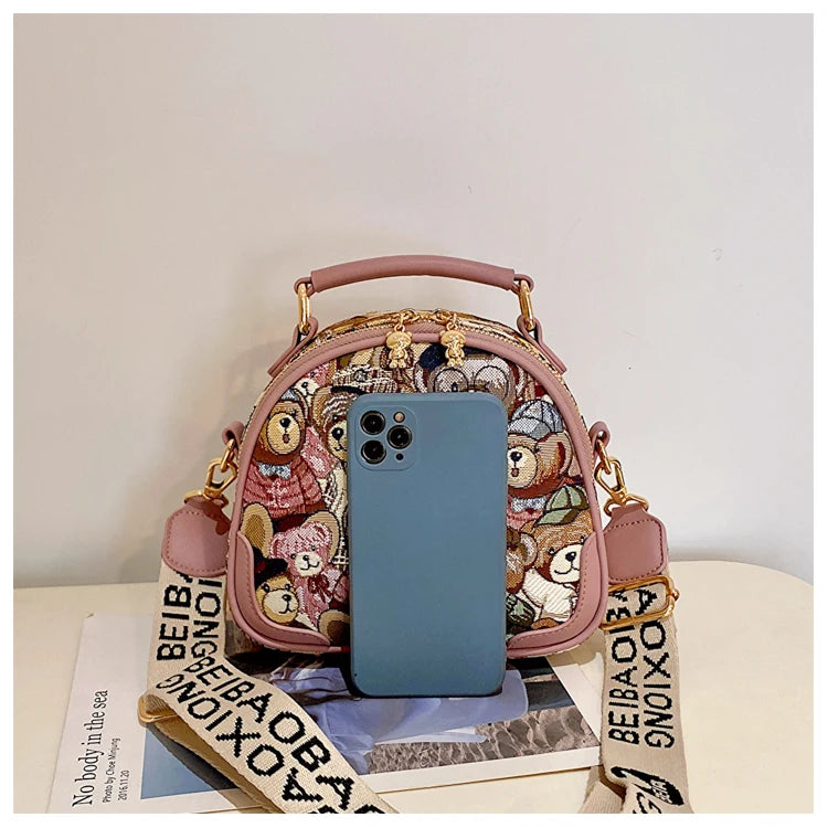 round Handbag Trend Crossbody Bag For Girl Women's Shoulder Bag Circular 2023 Fashion Bear Jacquard Pattern Lady Messenger Bag