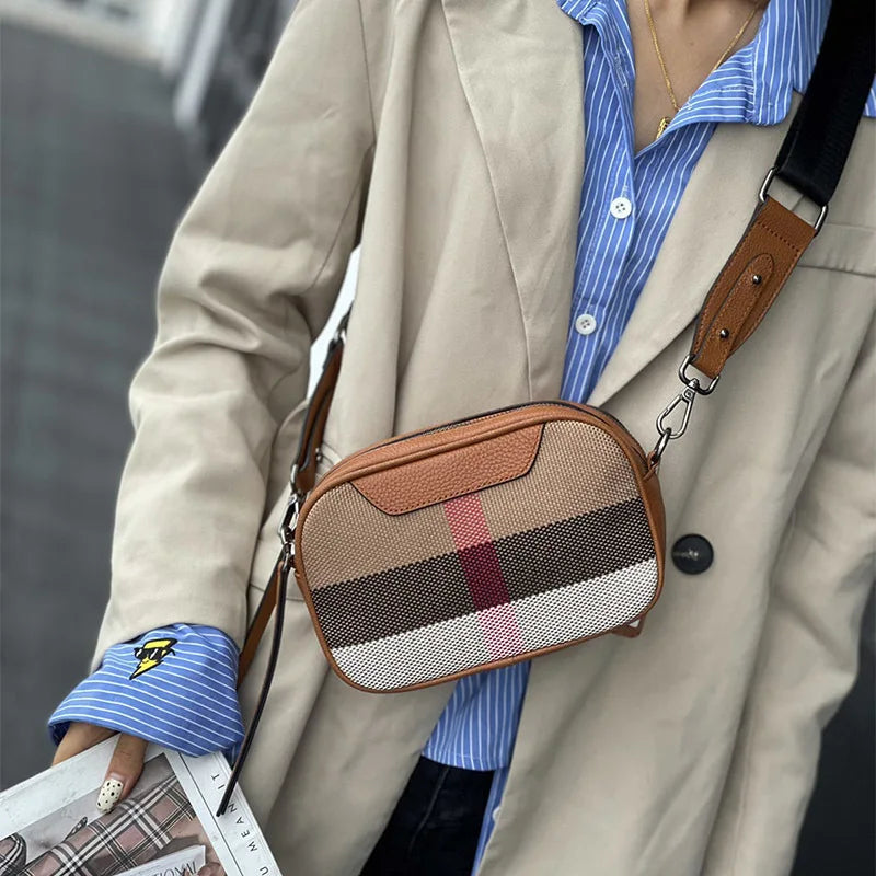 Genuine Leather Women Bag Small Canvas Crossbody Handbag Wide Strap Trendy Square Flap Designer Luxury Sling Shoulder Bags Box