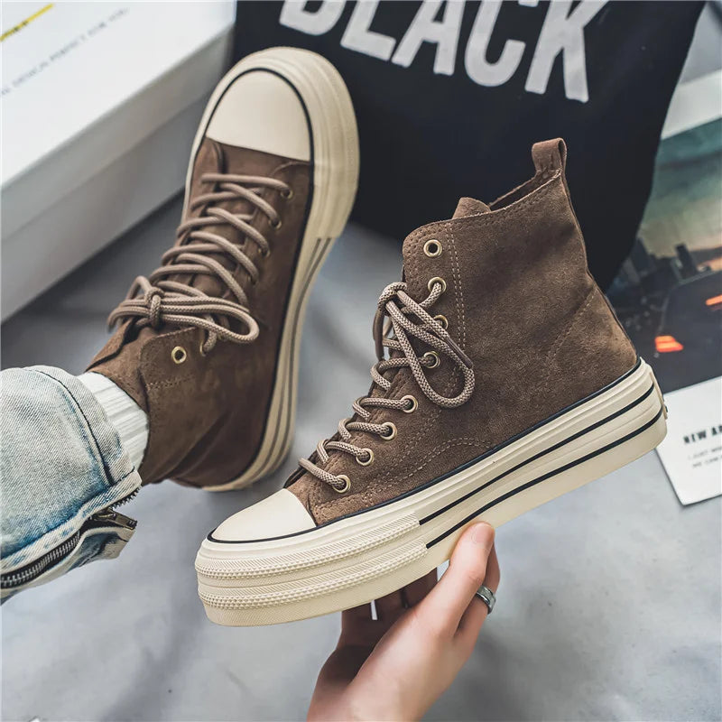 Vintage Brown Couples Casual Sneakers Comfort Suede Thick Sole Men's Shoes Trend Lace-up High Top Shoes Mens Vulcanized Sneakers