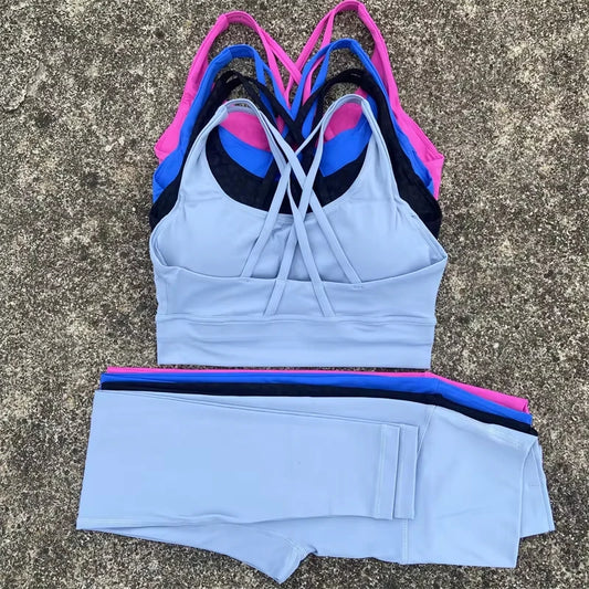 Solid Color Gym Fitness Set Tight Soft cross Fitness Bra 2pc