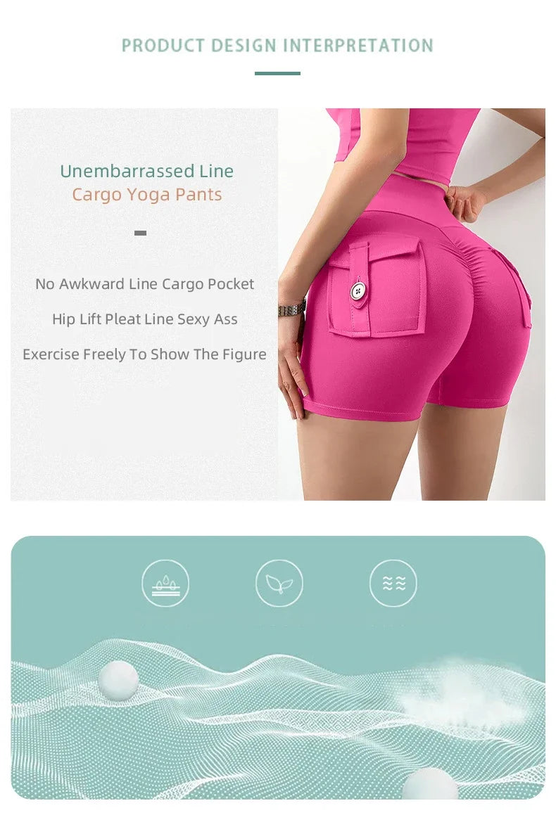 Yoga Shorts for Women Pocket Scrunched Butt Gym Leggings High Waist Push Up Tights Sexy Sports Shorts Fitness Running Shorts