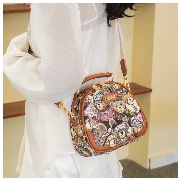 round Handbag Trend Crossbody Bag For Girl Women's Shoulder Bag Circular 2023 Fashion Bear Jacquard Pattern Lady Messenger Bag