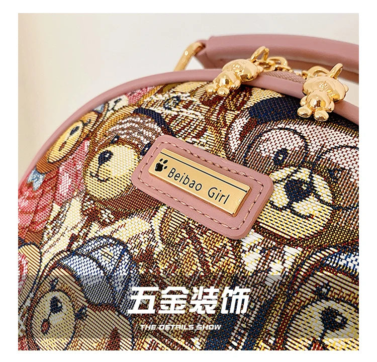 round Handbag Trend Crossbody Bag For Girl Women's Shoulder Bag Circular 2023 Fashion Bear Jacquard Pattern Lady Messenger Bag