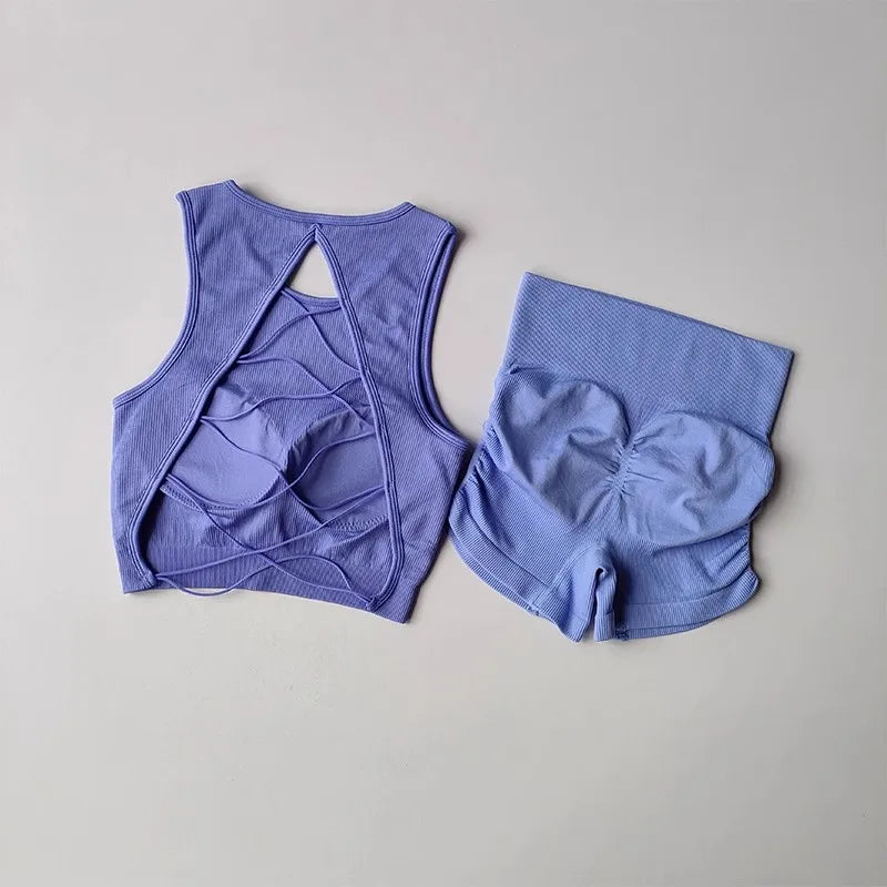 Backless Vest Yoga Exercise Fitness Suit Lifting Shorts Set