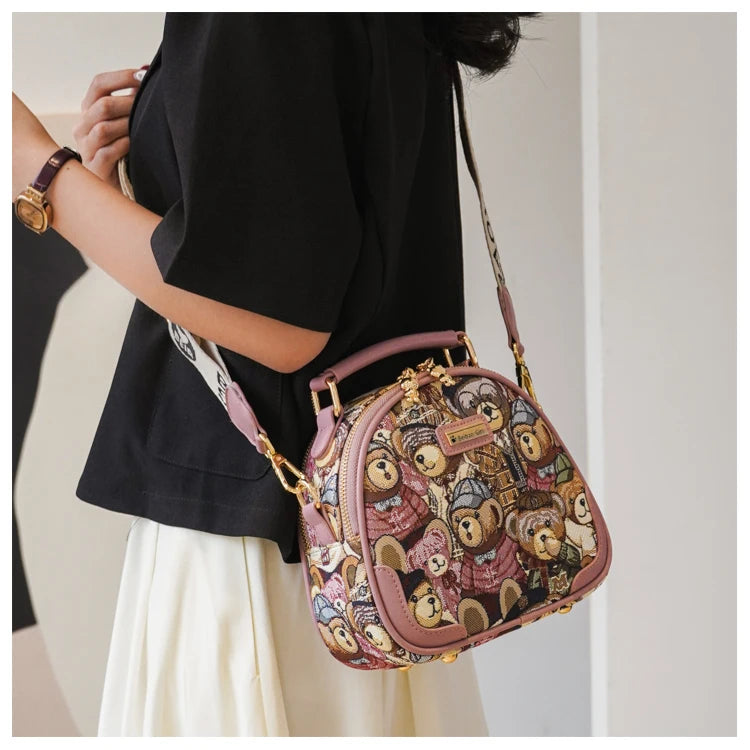 round Handbag Trend Crossbody Bag For Girl Women's Shoulder Bag Circular 2023 Fashion Bear Jacquard Pattern Lady Messenger Bag