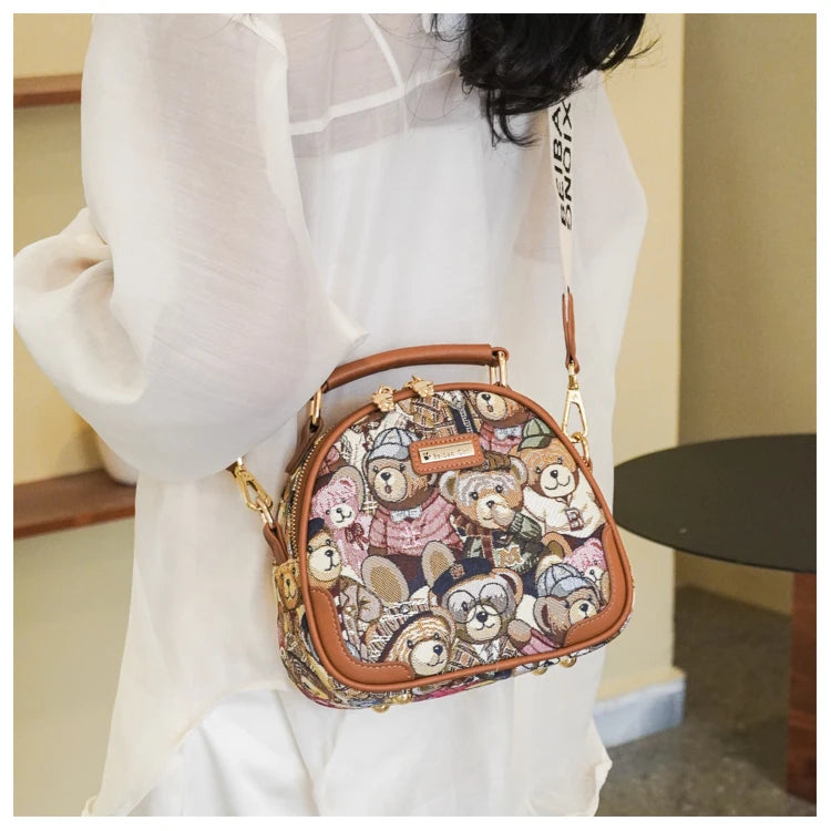 round Handbag Trend Crossbody Bag For Girl Women's Shoulder Bag Circular 2023 Fashion Bear Jacquard Pattern Lady Messenger Bag