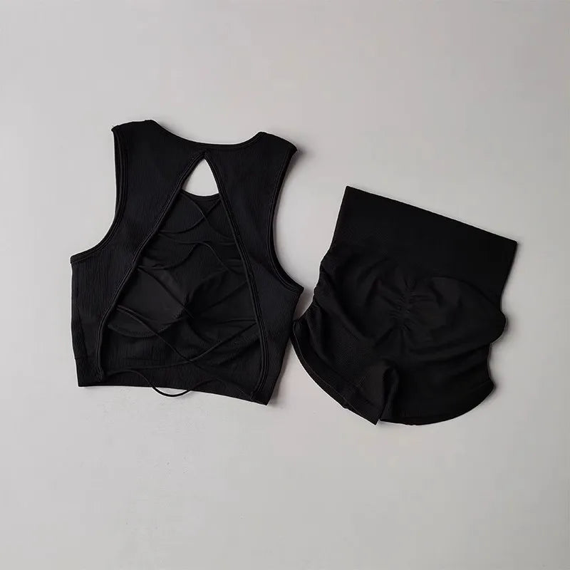 Backless Vest Yoga Exercise Fitness Suit Lifting Shorts Set