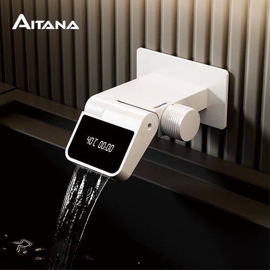 Luxury brass white bathroom faucet with wall mounted design LED digital display Hot and Cold dual control Simple washbasin Mixer