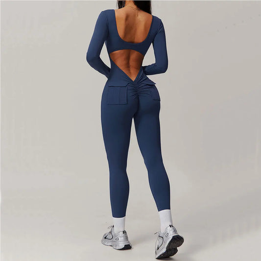 Backless Yoga Boilersuit Long Sleeved Women Sportswear Gym Jumpsuits