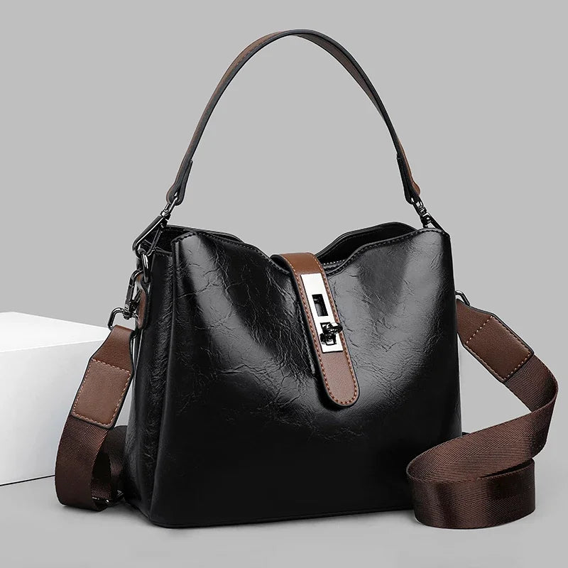 Fashion Bucket Women Casual and Simple Handbag Large Capacity Ladies Cowhide Fashionable Crossbody Tote  Designer Flap