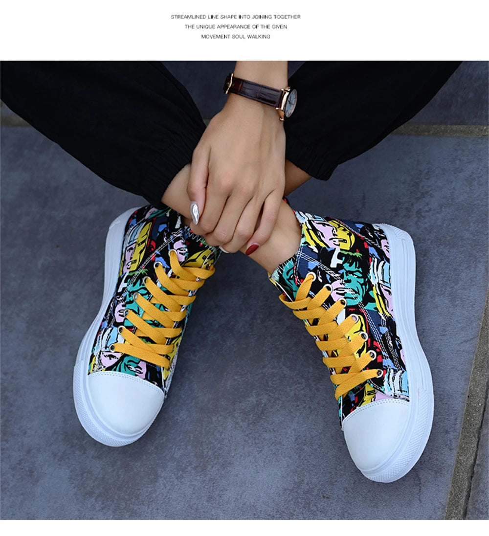 Couple Colorful Canvas Shoes Men High-top Lace Up Flats Graffiti Vamp Female Spring Summer Casual Sneakers Size 35-44 Chaussure