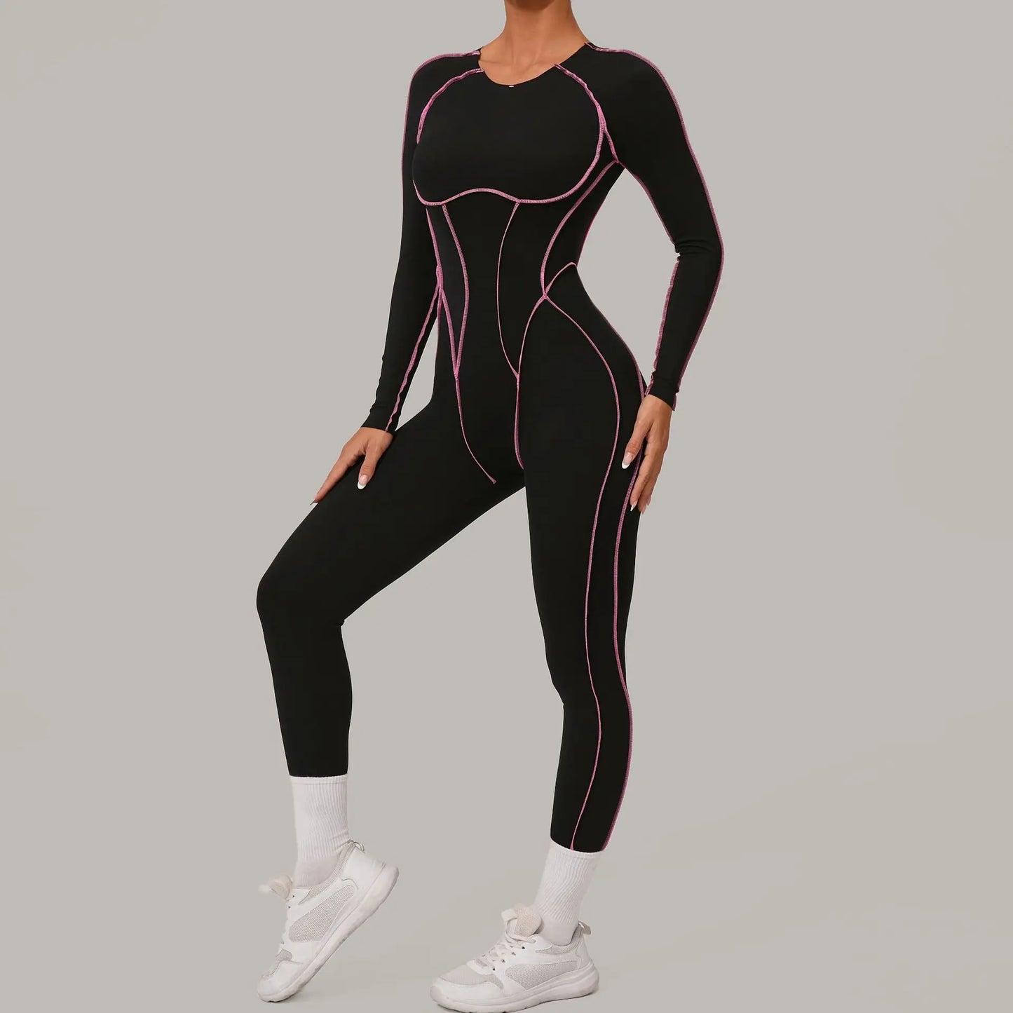 Yoga Suit Sport Fitness Seamless Line Contrast Color Skinny Pants One Piece