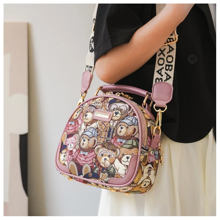 round Handbag Trend Crossbody Bag For Girl Women's Shoulder Bag Circular 2023 Fashion Bear Jacquard Pattern Lady Messenger Bag