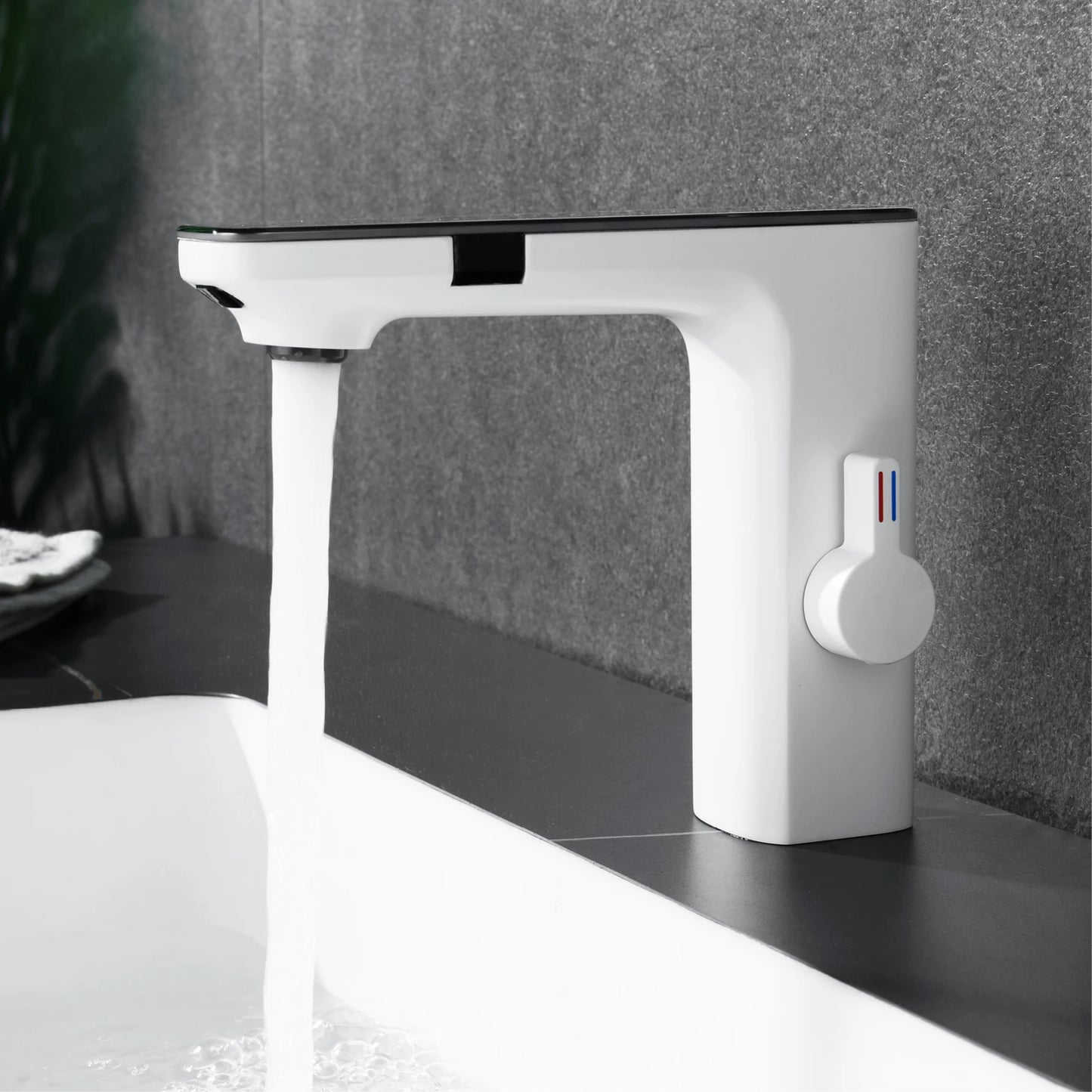 White intelligent brass bathroom faucet induction design LED light temperature display 1 hole single handle cold & hot basin Tap