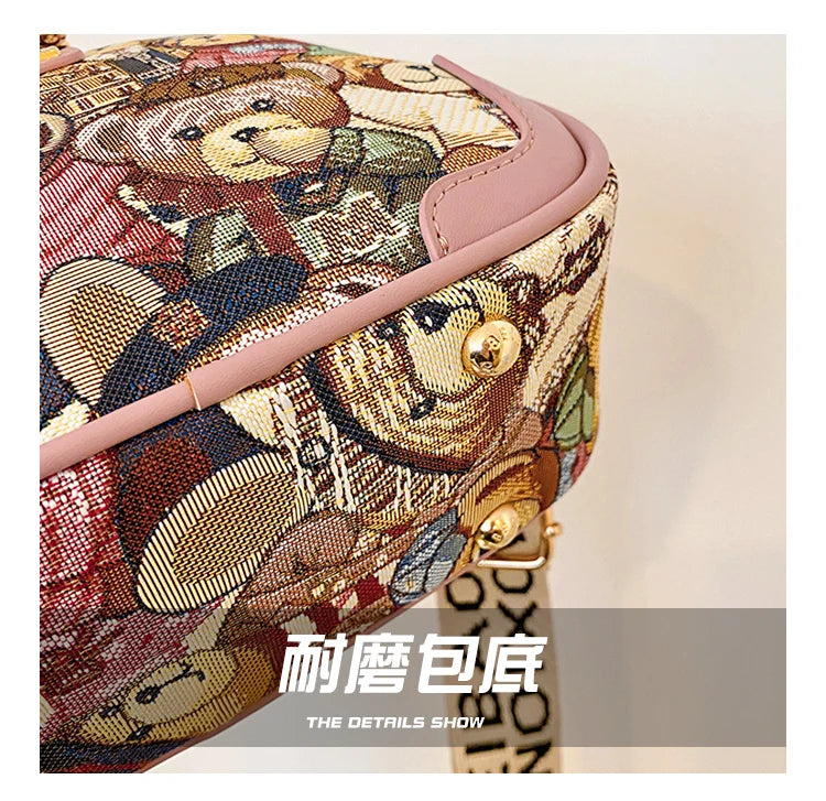 round Handbag Trend Crossbody Bag For Girl Women's Shoulder Bag Circular 2023 Fashion Bear Jacquard Pattern Lady Messenger Bag