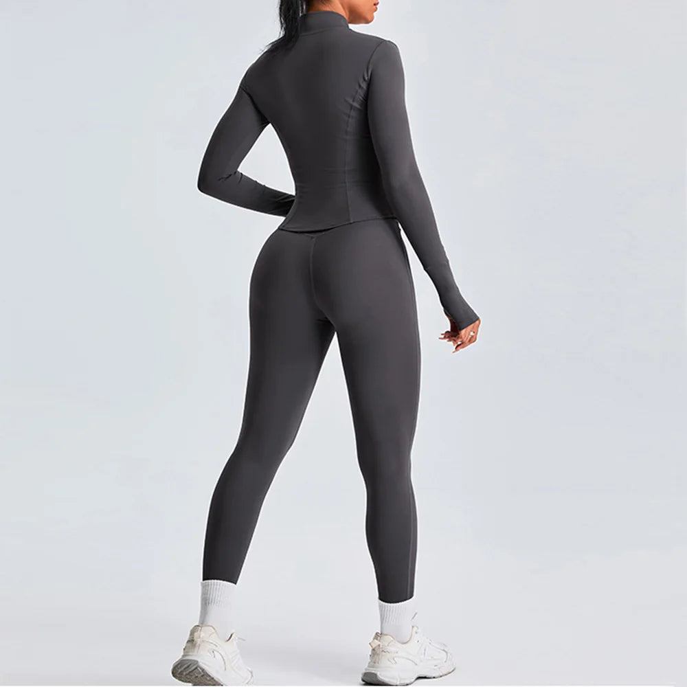 2PCS Yoga Set Workout Clothes Long Sleeve Jacket Gym Crop Top High Waist Leggings