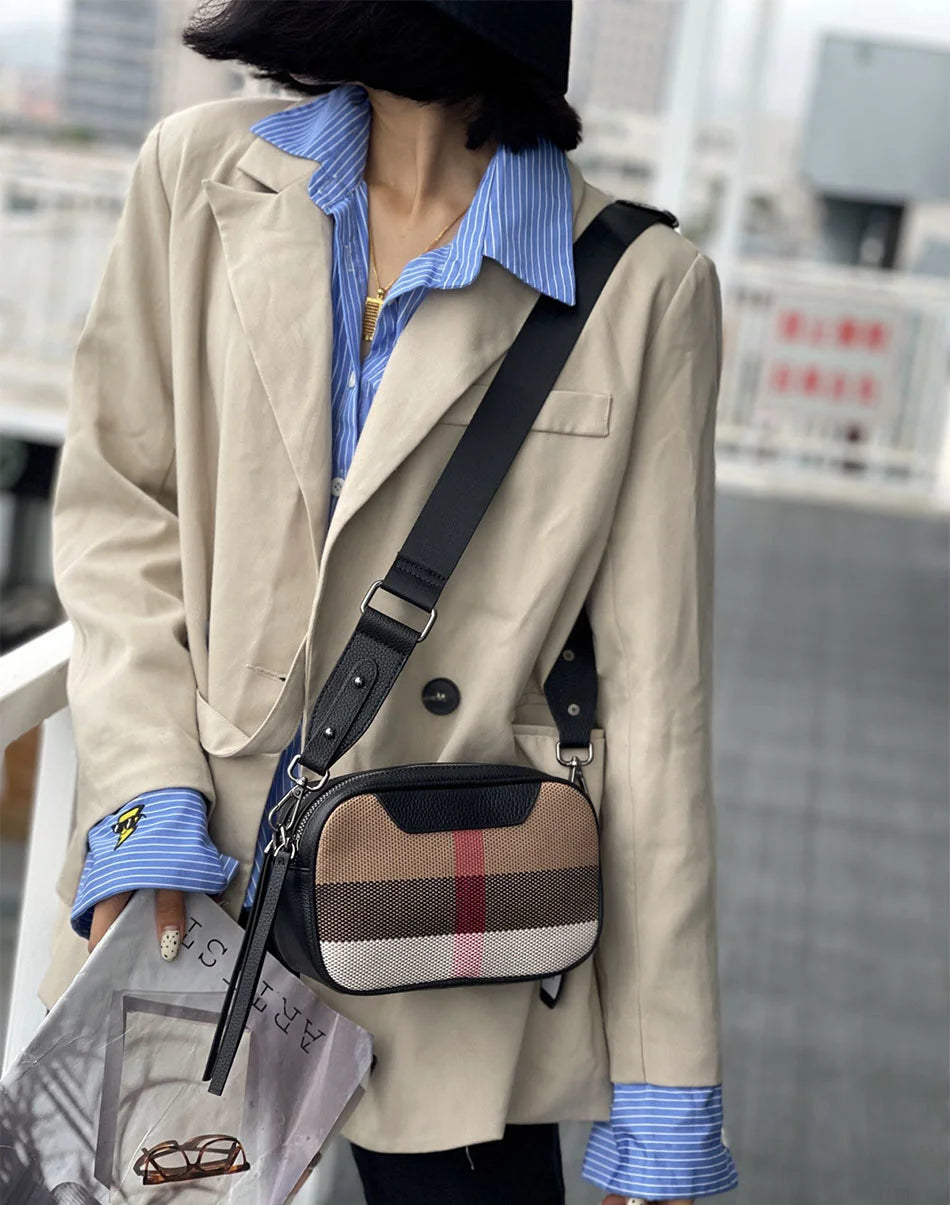 Genuine Leather Women Bag Small Canvas Crossbody Handbag Wide Strap Trendy Square Flap Designer Luxury Sling Shoulder Bags Box