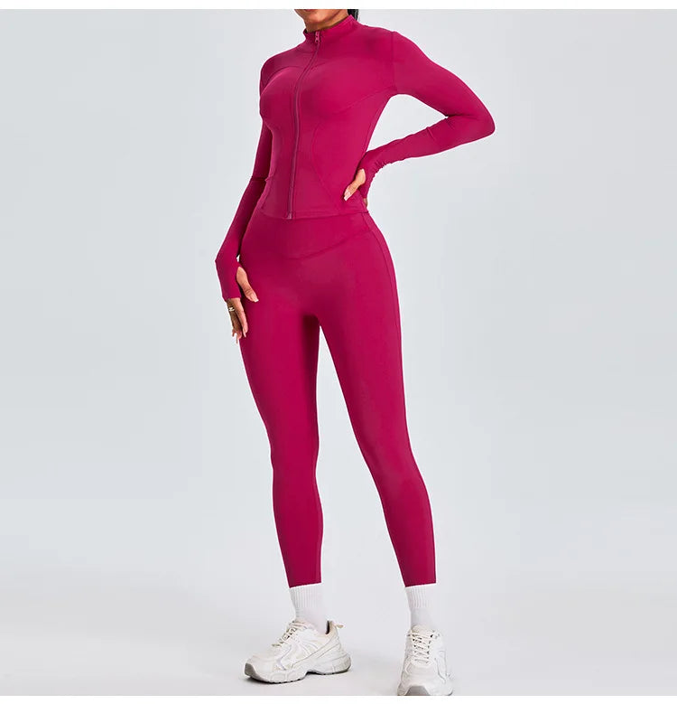 2PCS Yoga Set Workout Clothes Long Sleeve Jacket Gym Crop Top High Waist Leggings