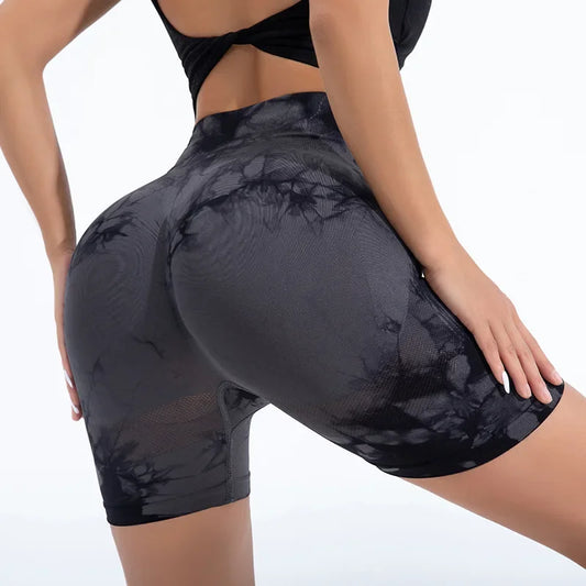 High Waist Yoga Shorts Women Seamless Push Up Shorts Gym Workout Running Shorts Tie Dye  Fashion Knit Slim Three Point Pants