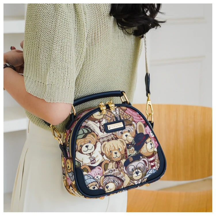 round Handbag Trend Crossbody Bag For Girl Women's Shoulder Bag Circular 2023 Fashion Bear Jacquard Pattern Lady Messenger Bag